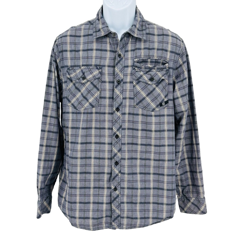 OCEAN CURRENT Charcoal Gray & Black Plaid Cotton Button Down Shirt Men's Medium